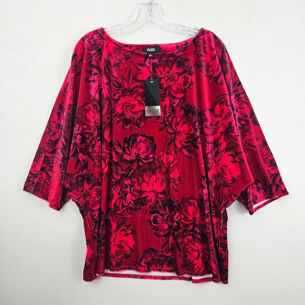 Slim Factor By Investments Velvet‎ Dolman Sleeve Boat Neck Floral Top Red New L